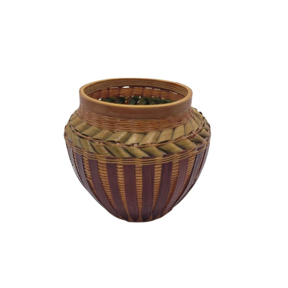 Vintage Hand Woven Bamboo Basket Small Decorative Pot‎ Natural Boho